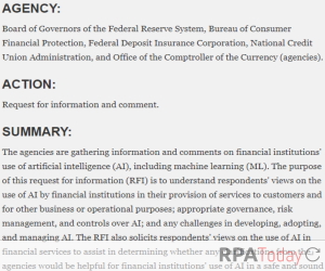 Financial Regulators Seek Industry Comment on AI, Automation